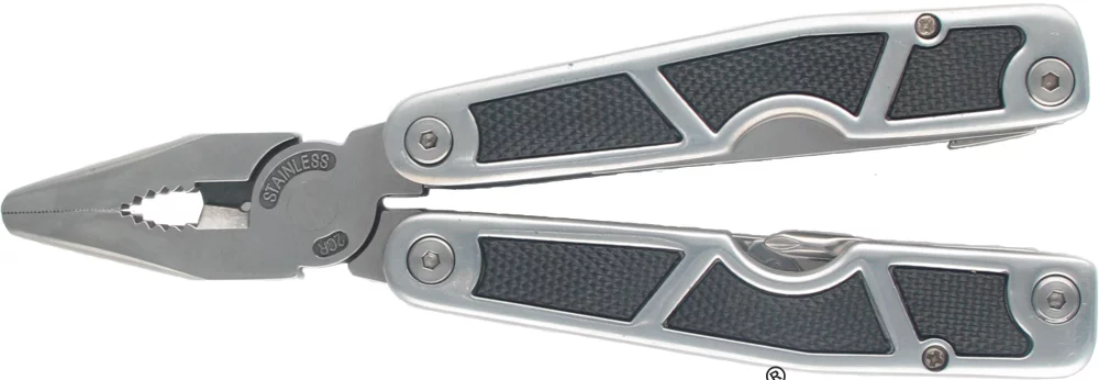 • Alicate multiuso hasta 21 aplicaciones distintas:navaja, sierra, abrelatas, destornilladores plano y estrella, allen, etc.<br> • Con funda de nylon para cinturón.<br>• Fabricado en acero inoxidable de alta calidad. <br> • <b>Garantía total</b>