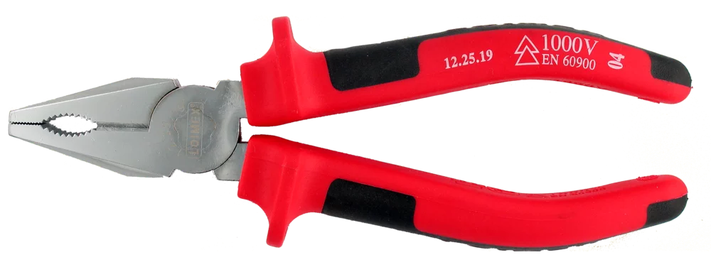 • Alicate universal de calidad superior cromados y bruñidos, filos  templados por inducción, mangos con aislamiento de PVC de 2  componentes en rojo y negro.
<br>
• Según <b>DIN ISO 5746</b>, forma Alemana, acero C60. <br>•<b> Garantía total</b>