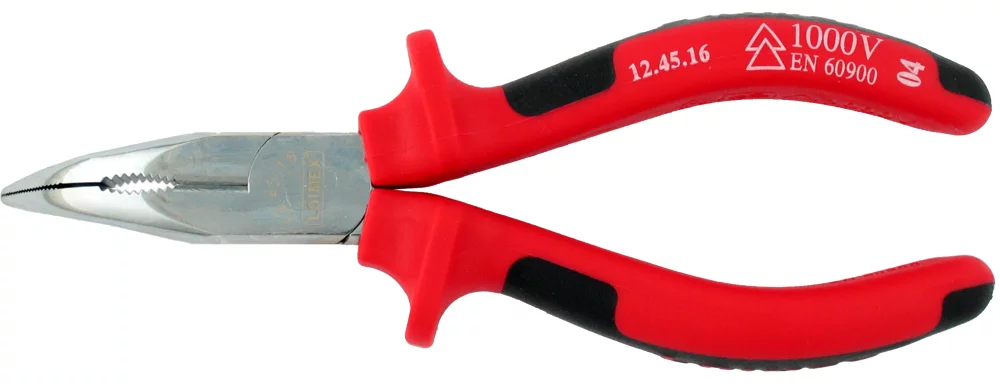 • Alicate para telefonía con cabeza curvada.<br> • Calidad superior, cromados y bruñidos, filos templados por inducción.<br> • Mangos con aislamiento de PVC de 2 componentes en rojo y negro.<br>• Según <b>DIN ISO 5745</b>, forma Alemana, acero C60. <br>•<b> Garantía total</b>