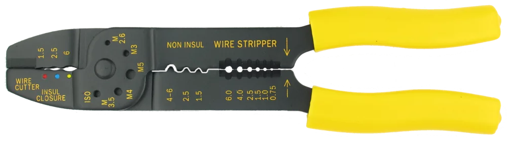 • Fabricado en acero con bajo y alto contenido en carbono.<br> 
• 3/4 mm de grueso.<br> 
• Para terminales con y sin aislamiento.<br>
• Con pelacables, cortacables y cortapernos.