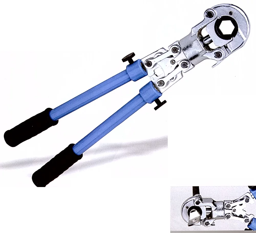 • Prensaterminales con reducción de fuerza.<br>
• Cabeza prensadora con cabezal giratorio 360º.<br>
• Prensado tipo hexagonal de 16-300 mm² Cu y 10- 240 mm²Al.<br>
• Incluye matrices y caja de transporte de PVC.