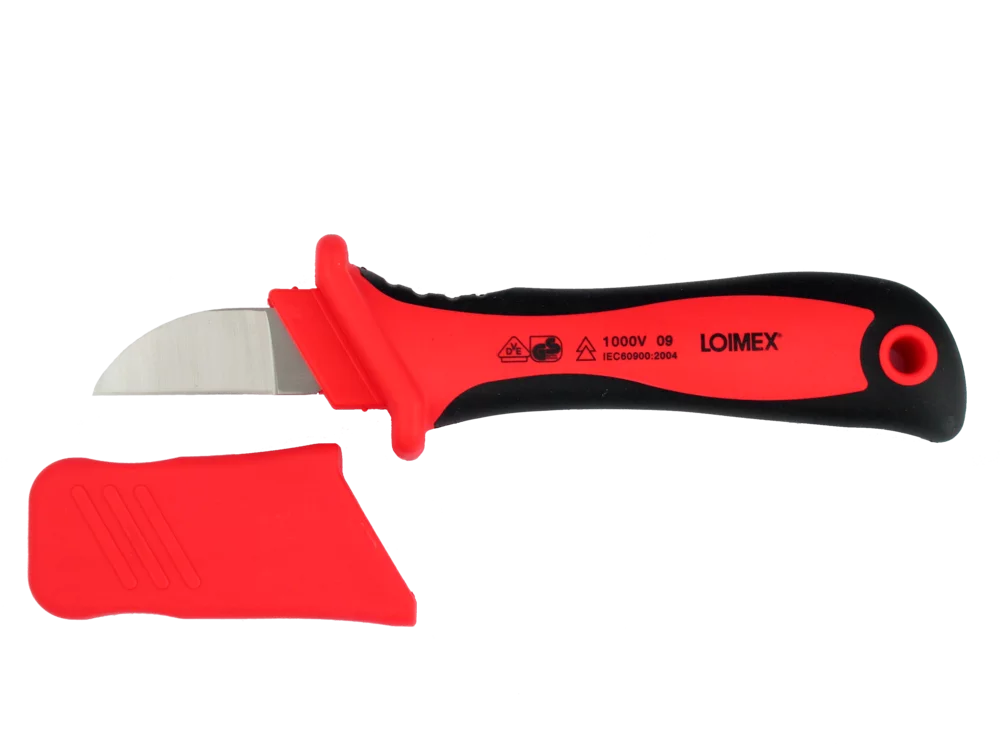 • Hoja recta de 50 mm.<br>
• Con capuchón de seguridad.<br>
• Aislamiento en resina especial dura antigolpes.<br>
• Mango de 2 componentes.