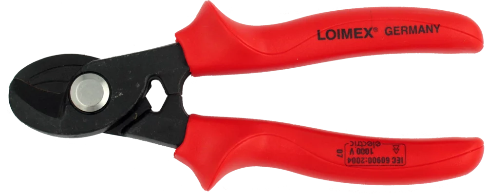 • Cortadora de cables Cu/Al hasta 12 mm Ø.<br>
• Dimensiones muy reducidas.<br>
• Cuchillas de acero templado.<br>
• Aislamiento en resina a prueba de golpes.