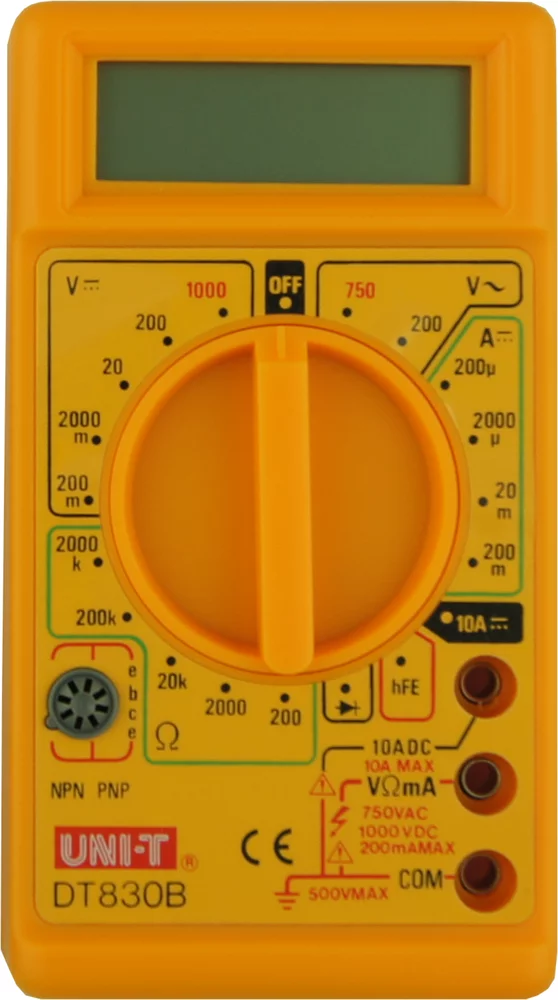 • Multímetro de 3½ cifras.<br> • Con selector manual para diferentes mediciones.<br>     • Con protección de sobrecarga.<br>
• Tensión continua hasta 1000V.<br>
• Tensión alterna hasta 750V.<br>
• Precisión ±0,5%.<br>
• Pila 9V.
