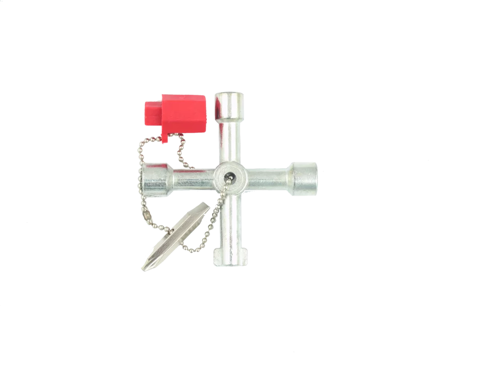• Para cuadros y armarios eléctricos<br>
• Con 4 bocas para diferentes cerraduras del sector eléctrico-sanitario<br>
• Con bit para utilización como destornillador plano y estrella<br>