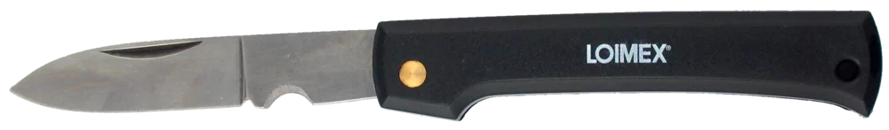 • Hoja plegable, con rascador y mango de plástico negro.