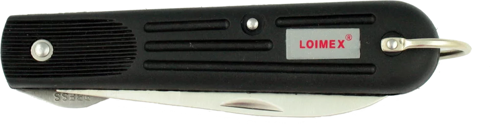 • Hoja plegable <b>INOX</b> con rascador, mango de plástico negro.<br> • <b>Con seguro blocante de la cuchilla.</b>