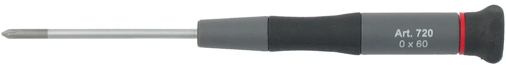 • Varilla de acero especial de <b>vanadio</b> cromada con puntas negras.<br>
• Mangos de plástico con cabeza de centraje para guía.<br>
• Para atornillamientos de precisión.